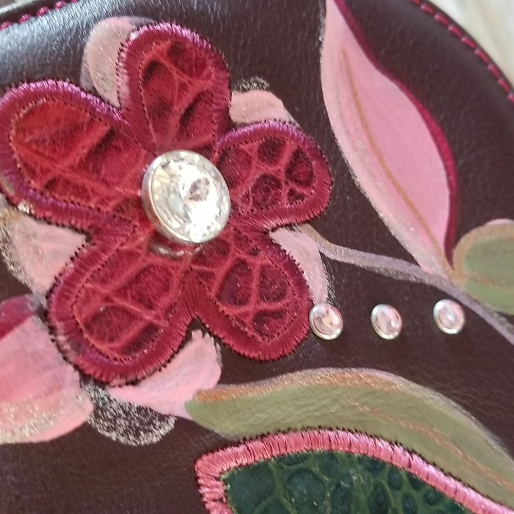 ARTSY GIAN Franco SISTI Wine Floral Collage Appliques Leather Shoulder Bag NWT - Picture 5 of 13